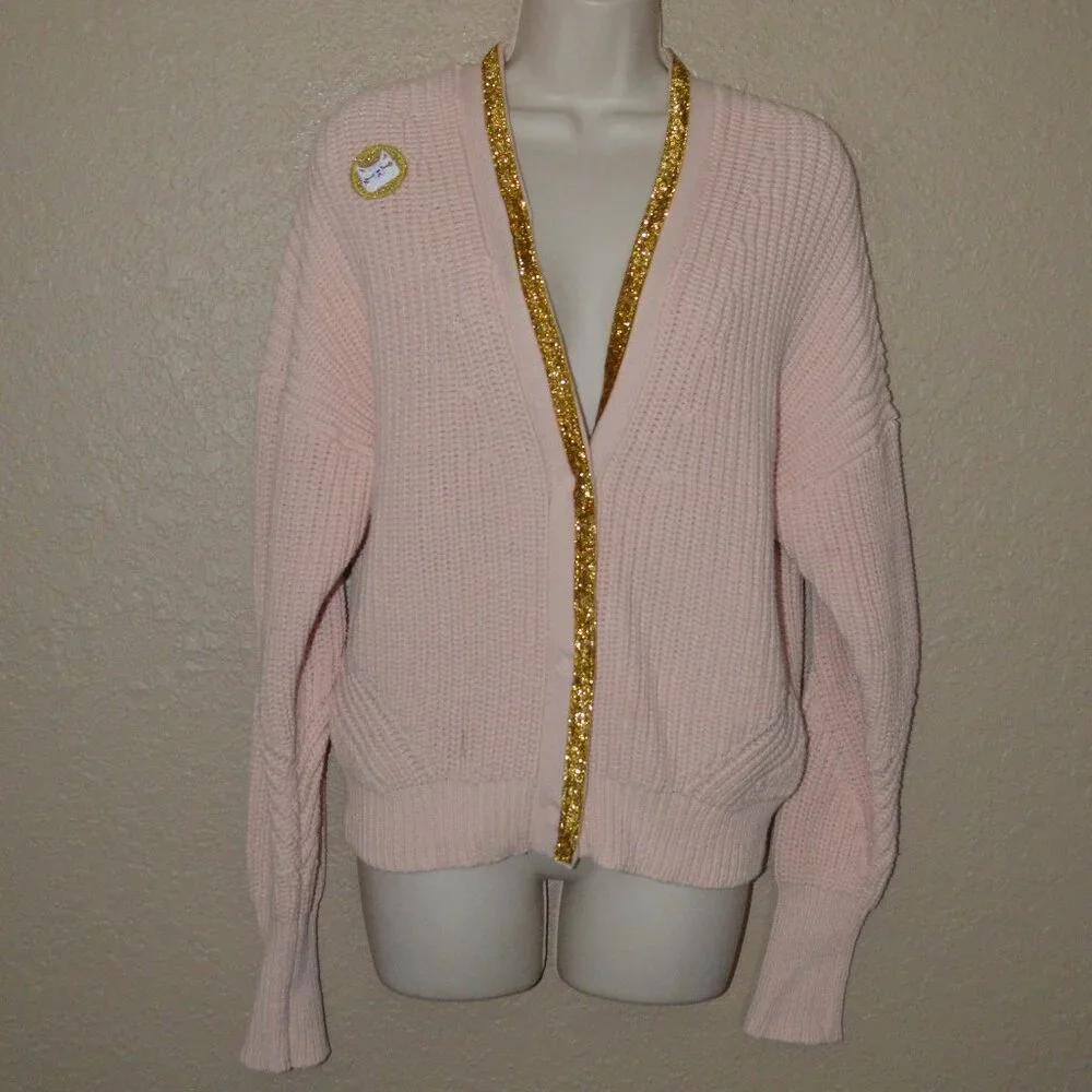 Sz S Point Sure Carla Valencia Pink Cable Knit Evil Eye Sequin Detail Cardigan
